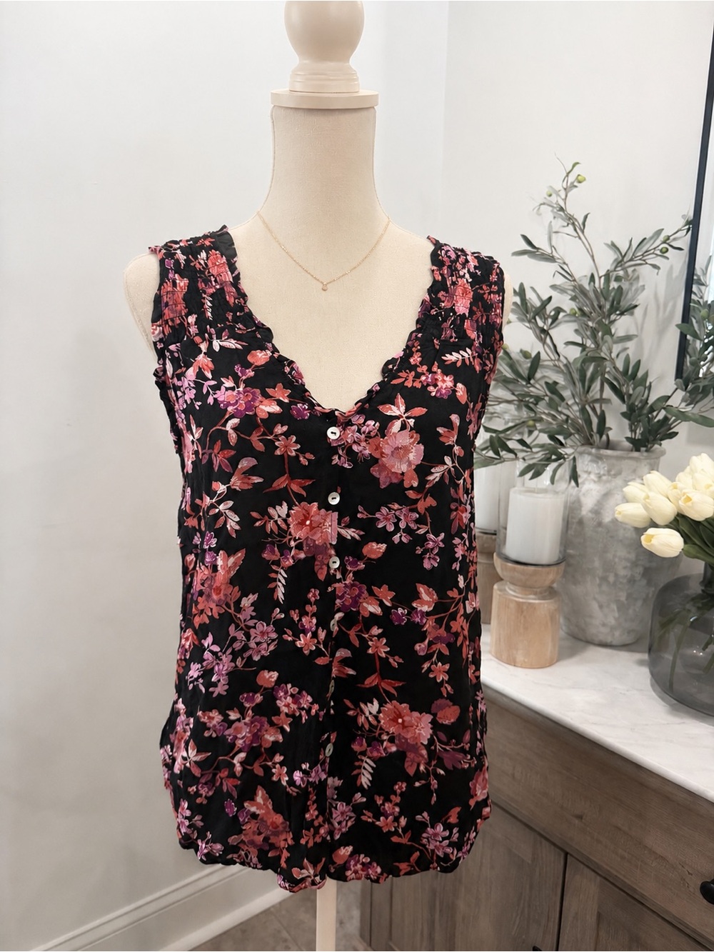 LUQ Floral Sleeveless Top in Black with Pink Blossoms